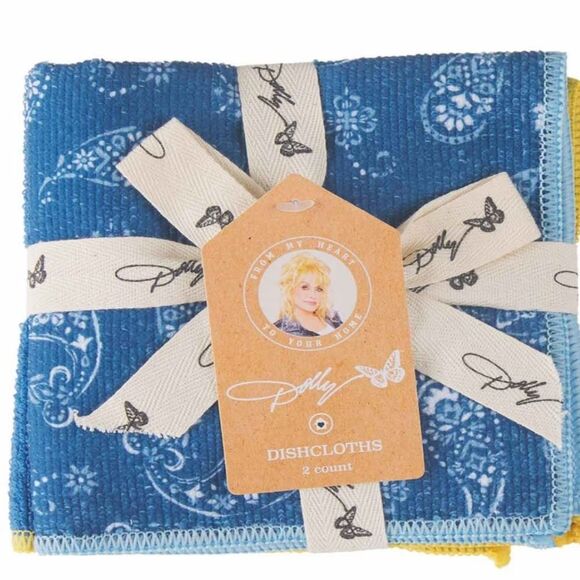Dolly Parton Paisley and Checkered Kitchen Towel & Dish Cloth Set- Blue - Picture 2 of 10